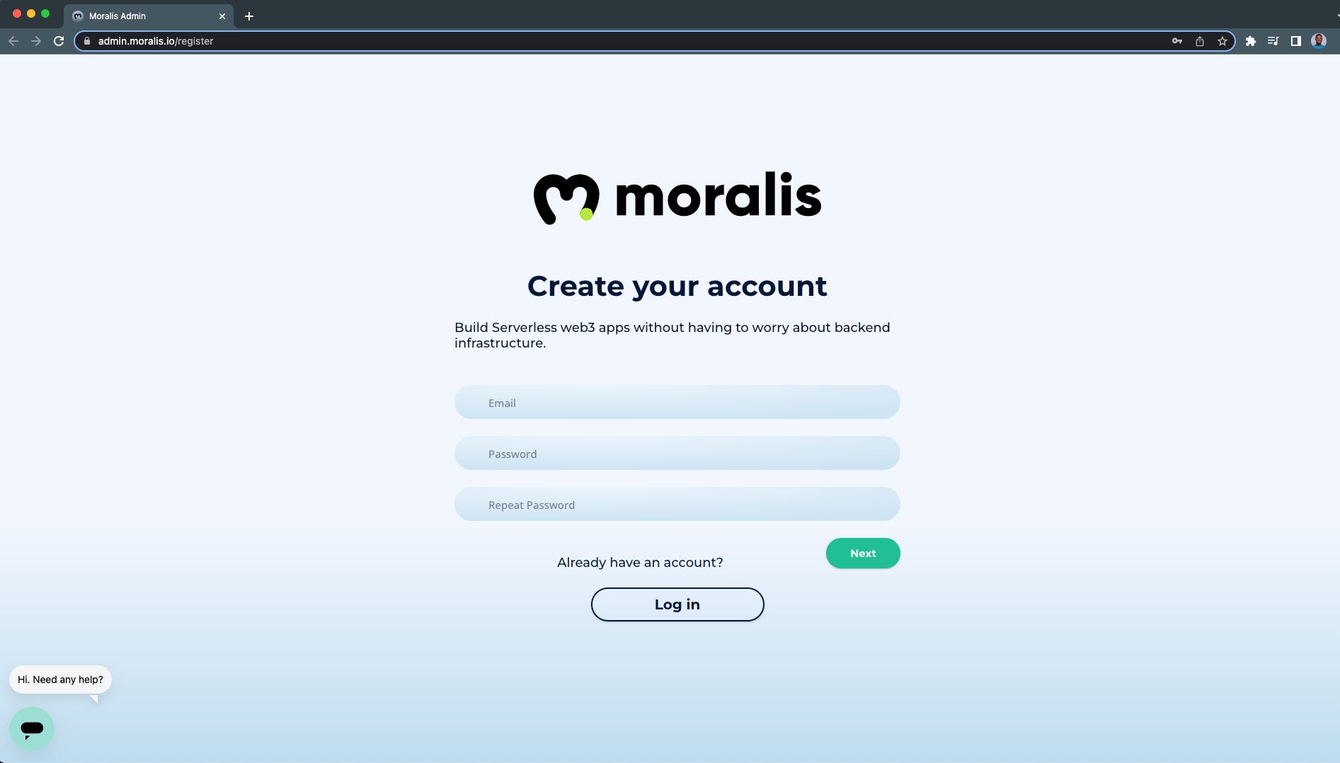 Morales registration page - creating a Morales account and verifying your email address
